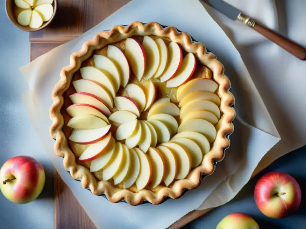 Deliciosa Tarte Normande recién horneada con manzanas en un patrón cautivador, cubierta con brillo y azúcar glaseado