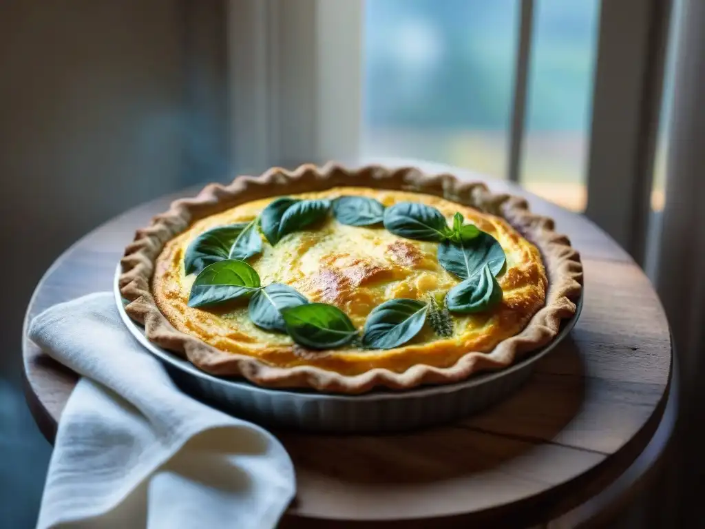 Deliciosa quiche recién horneada con vegetales y hierbas, sobre mesa rústica