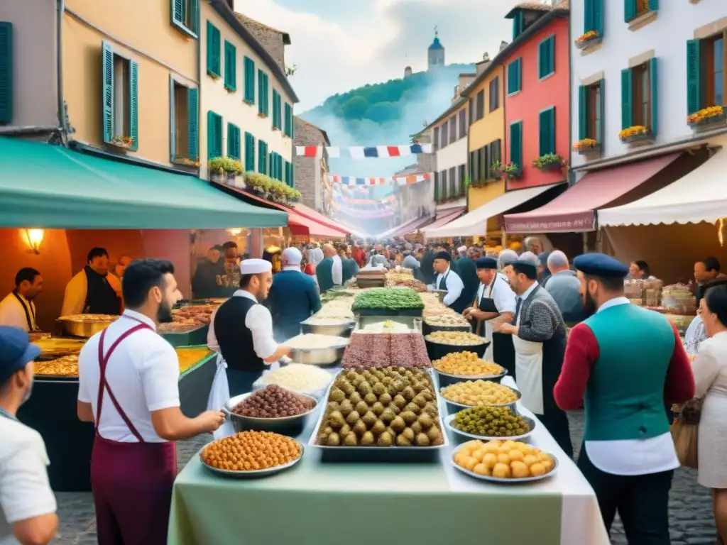 Deliciosa gastronomía de Borgoña influencia cultural en bulliciosa calle durante festival gastronómico