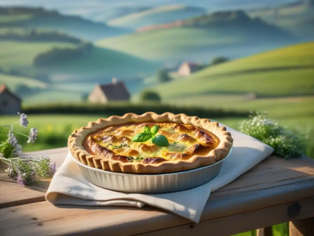 Deliciosa quiche de Lorraine en paisaje campestre francés