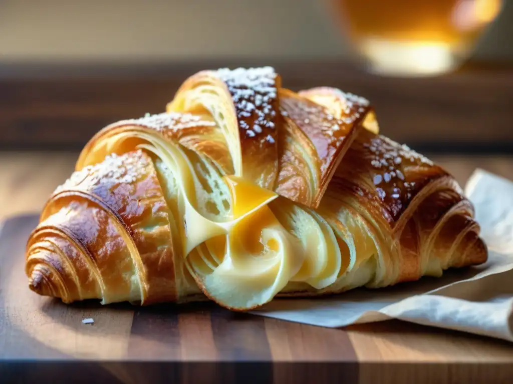 Deliciosa pastelería francesa embajadora gastronomía: croissant recién horneado sobre tabla rustica de madera