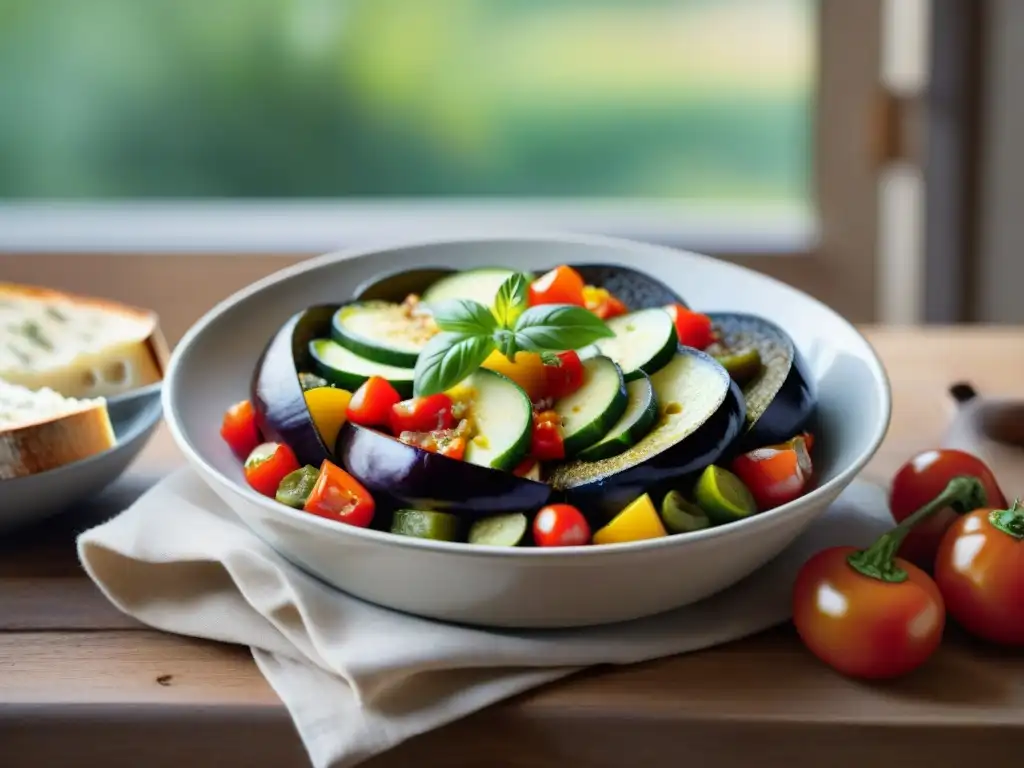 Deliciosa fotografía de un plato de Ratatouille en tazón francés, con vegetales coloridos y acompañamientos, evocando una comida campestre