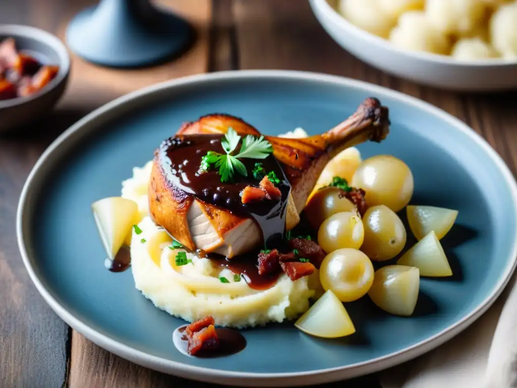 Deliciosa presentación de platos franceses innovadores: Coq au Vin con pollo, puré, cebollas perladas y tocino crujiente