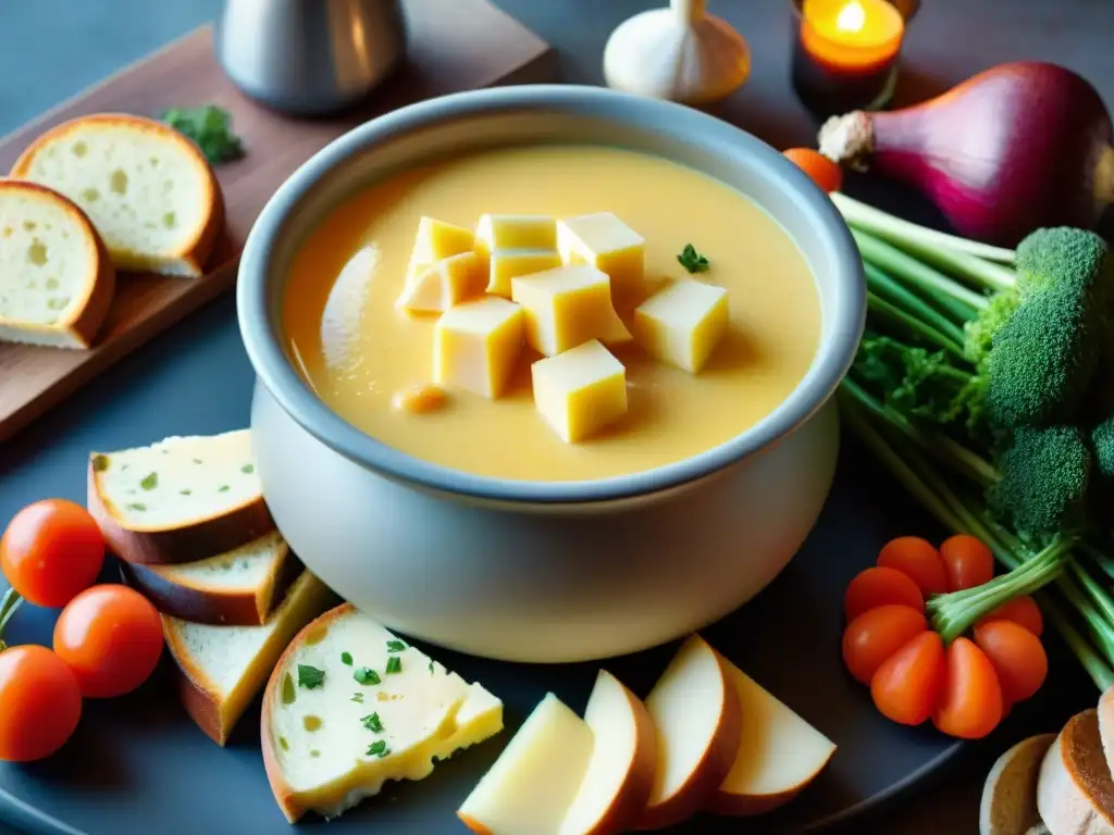 Deliciosa fondue de queso estilo francés rodeada de vegetales frescos y carnes curadas