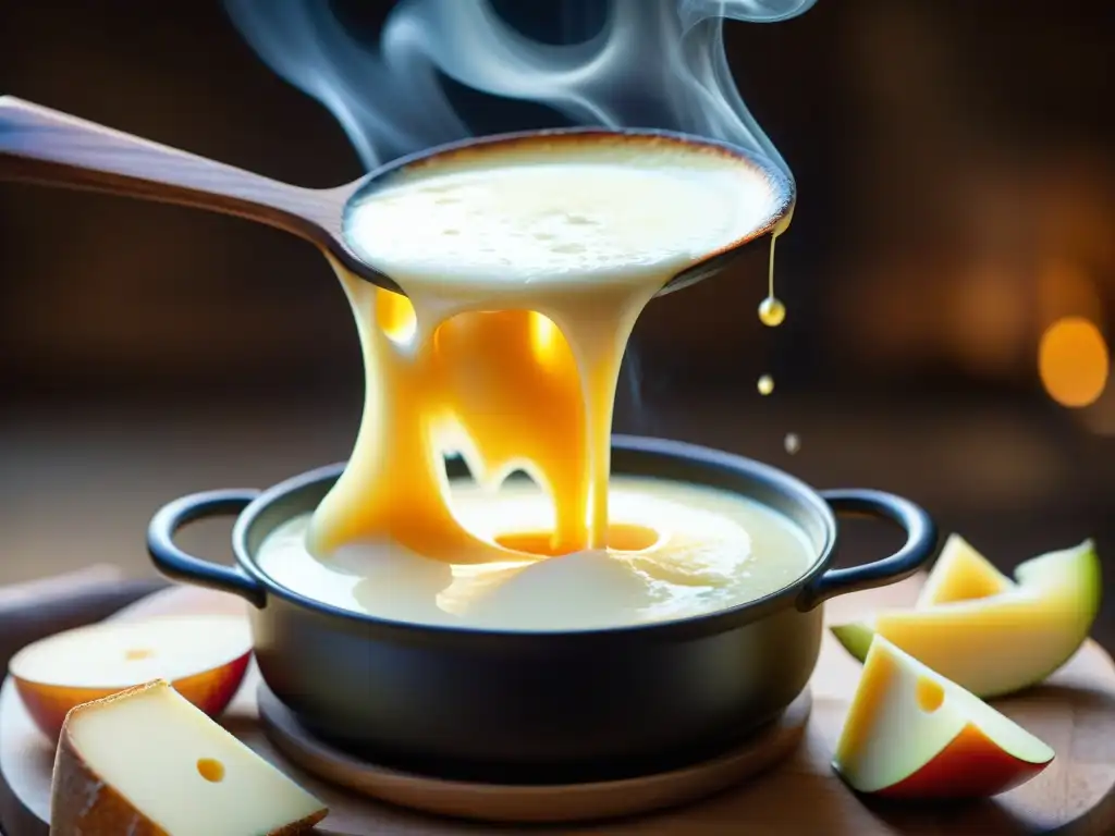 Deliciosa fondue de queso francés con Gruyère y Emmental fundidos, creando un remolino dorado