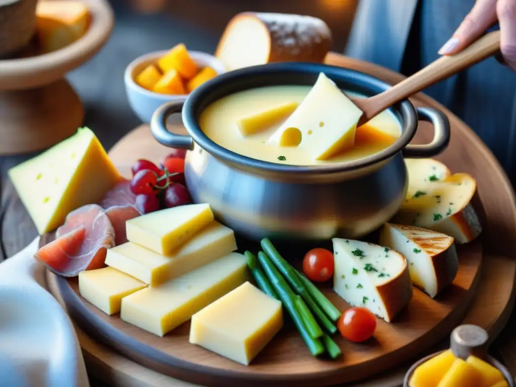 Deliciosa fondue de quesos franceses fundidos recetas con pan, carnes y vegetales listos para sumergir, ambiente acogedor