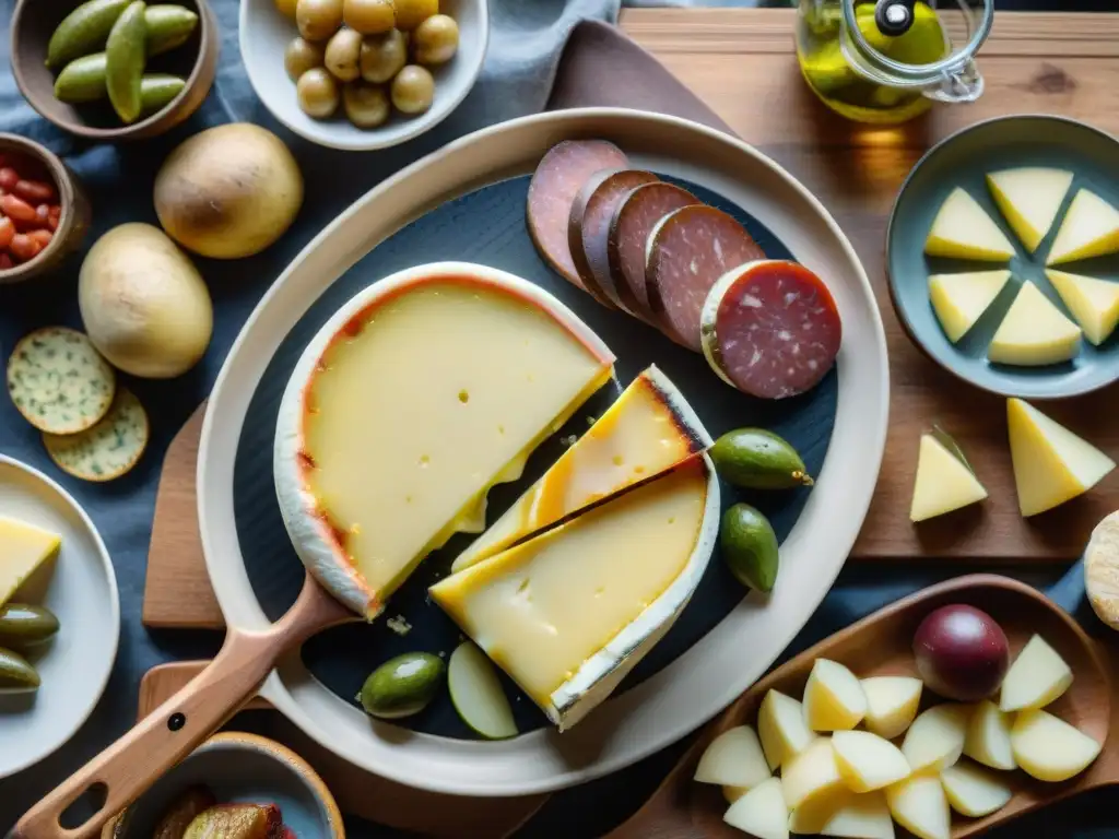 Una deliciosa raclette francesa en una mesa de madera, con quesos, embutidos y vegetales