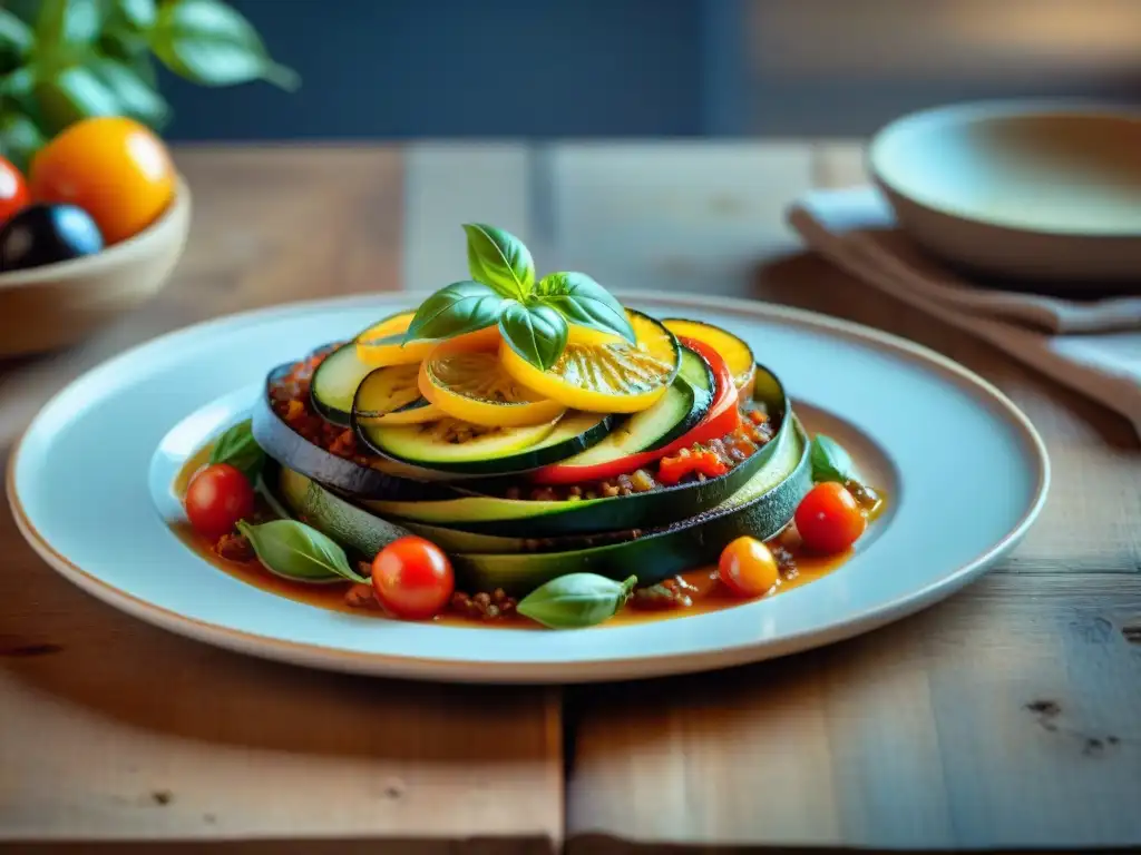 Una deliciosa Ratatouille, plato francés tradicional, con albahaca fresca en mesa rústica