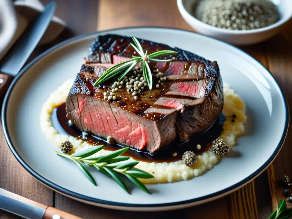 Deliciosa receta Steak au Poivre francés: filete dorado con pimienta, hierbas frescas y sartén de hierro en mesa rústica