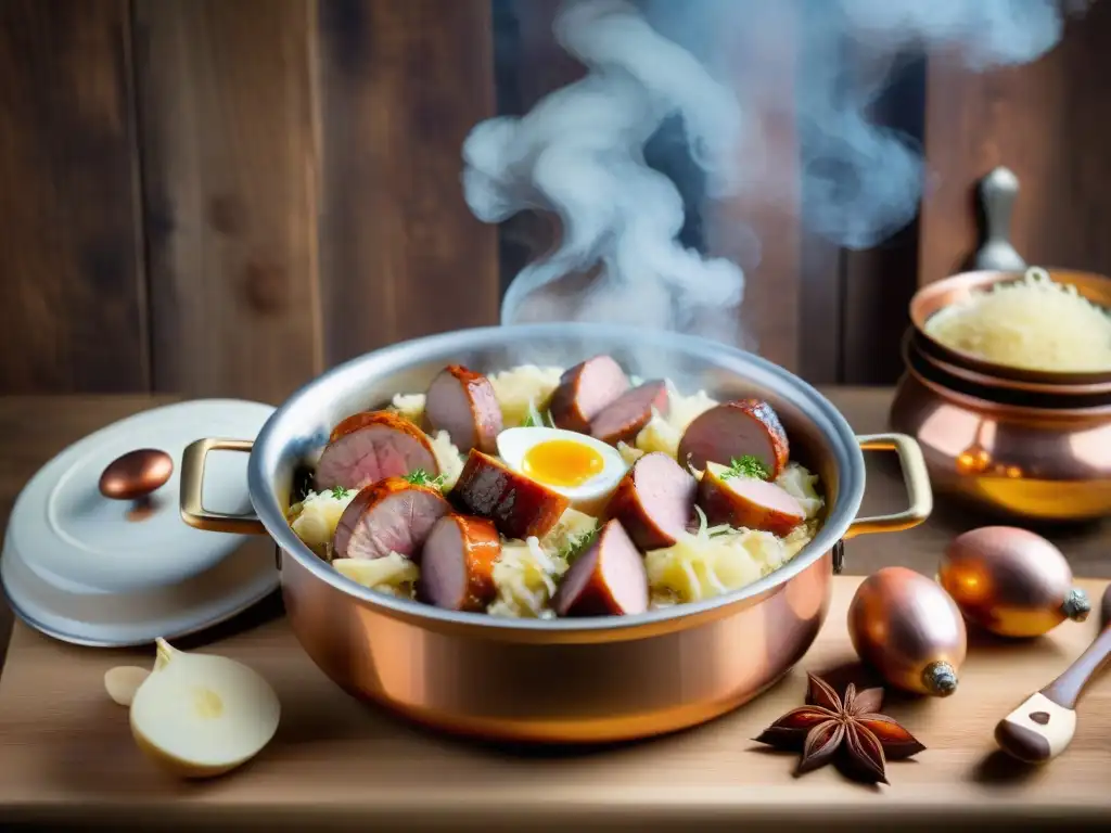 Una deliciosa Receta Choucroute Garnie Alsacia en una olla humeante, rodeada de utensilios de cocina rusticos