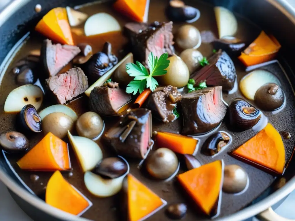 Deliciosa receta Bœuf Bourguignon tradicional Francia: carne tierna, zanahorias, cebollas y champiñones en salsa de vino