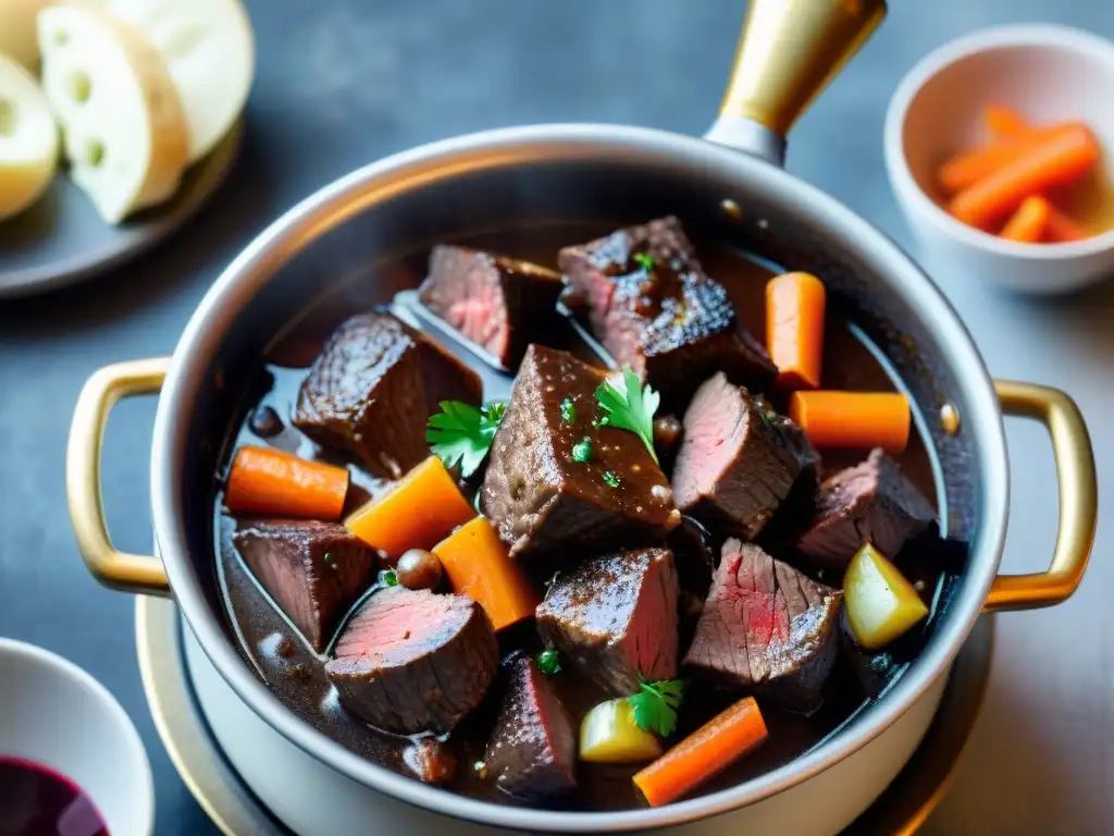 Una deliciosa Receta Bœuf Bourguignon tradicional Francia, con tiernos trozos de carne, cebollas perladas y zanahorias en salsa de vino tinto