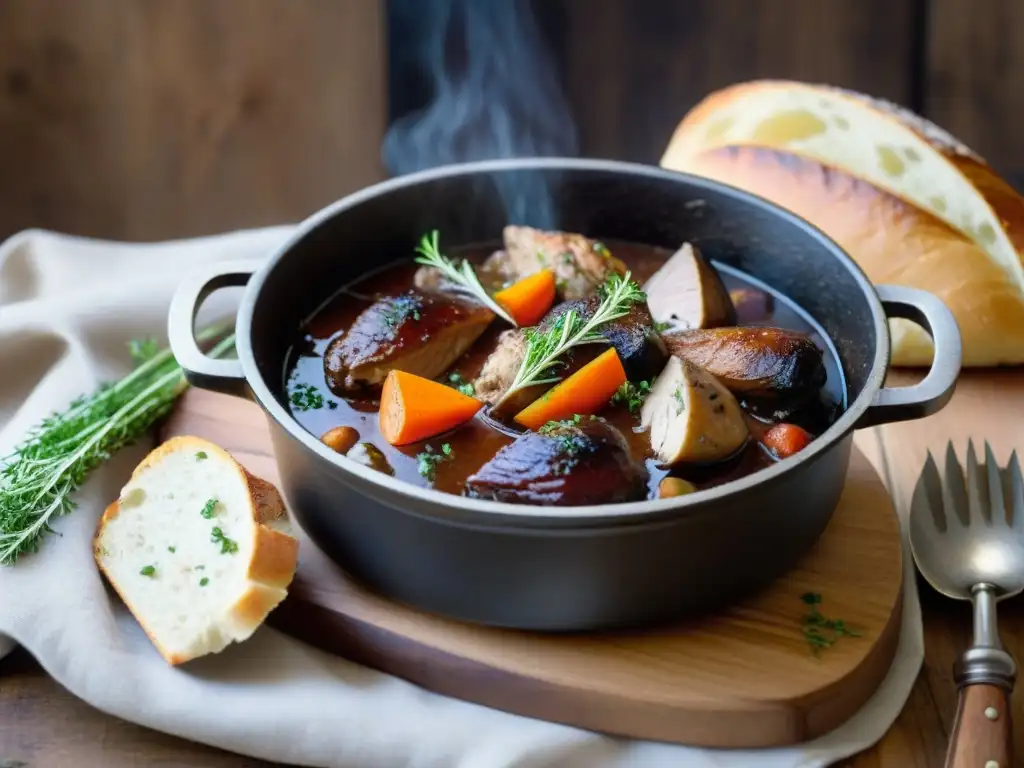 Deliciosa receta tradicional de Coq au vin con pollo, panceta, champiñones y zanahorias en una olla de hierro fundido burbujeante