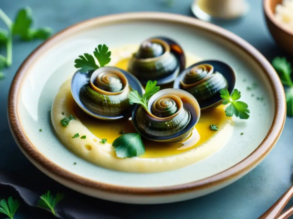 Una deliciosa receta tradicional de escargots de Borgoña en mantequilla de ajo y hierbas, adornada con perejil y sal marina