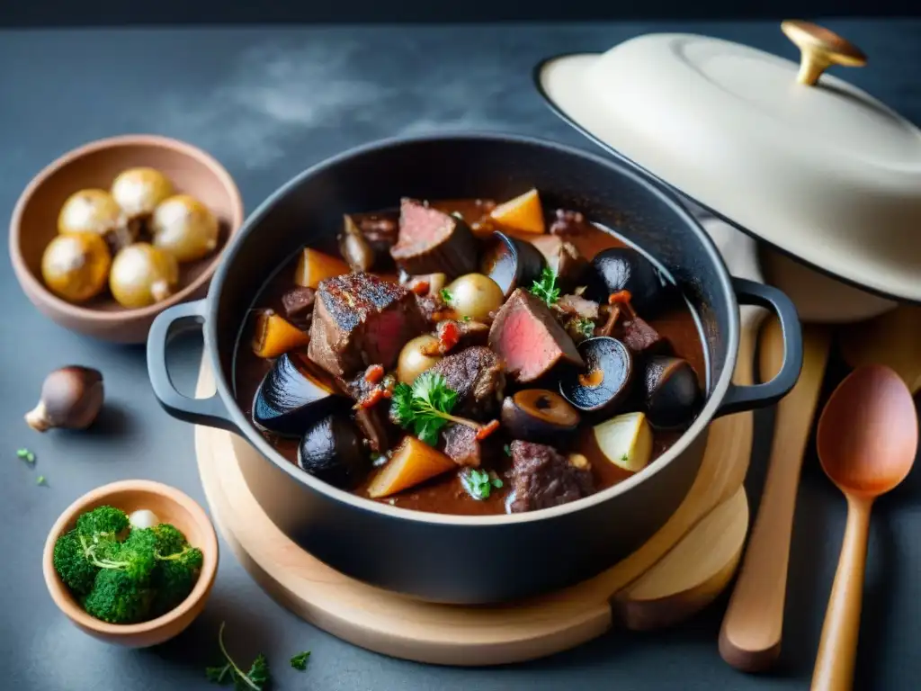 Una deliciosa Receta tradicional Boeuf Bourguignon francés, cocinándose lentamente en una cocotte de hierro