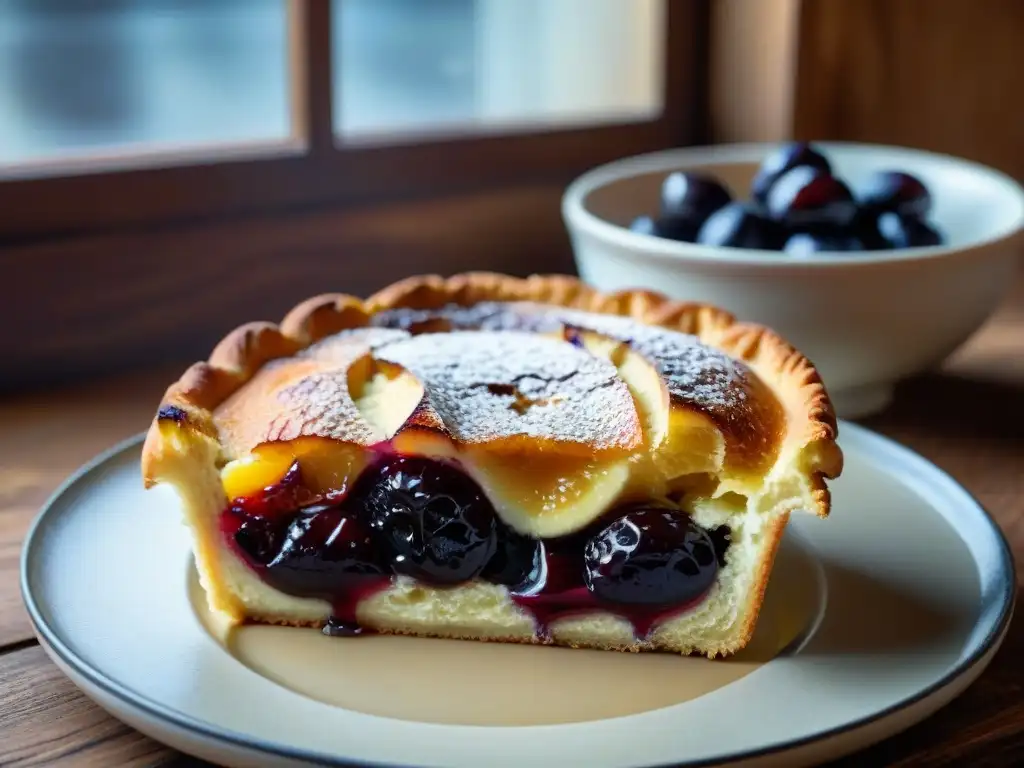 Deliciosa receta tradicional Far Breton recién horneado con ciruelas jugosas y azúcar glaseado en una mesa rústica