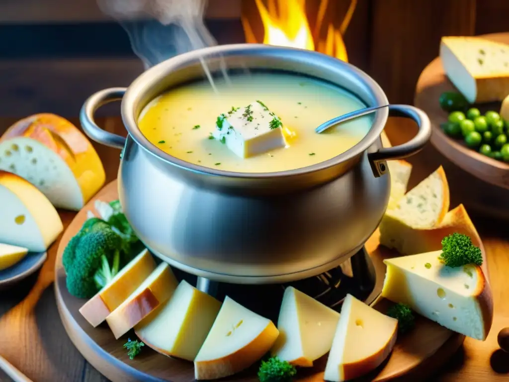 Deliciosa fondue savoyarda receta tradicional con quesos, vino blanco y ajo, rodeada de coloridos ingredientes en ambiente alpino acogedor