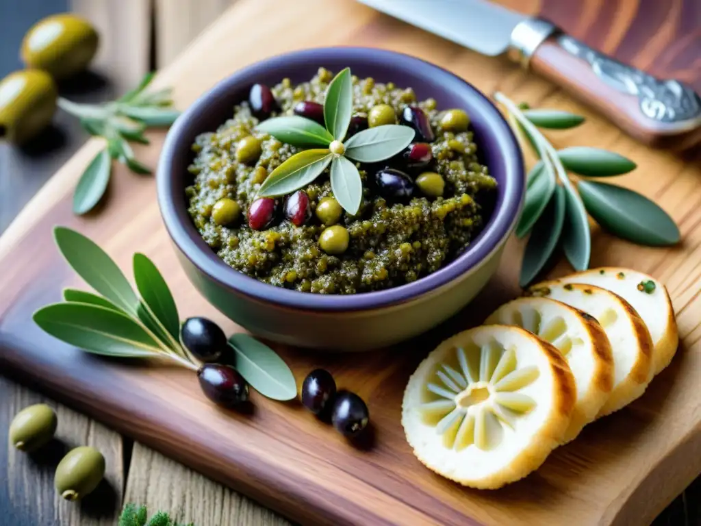 Deliciosa receta tradicional de tapenade provenzal en una tabla rústica con ingredientes frescos