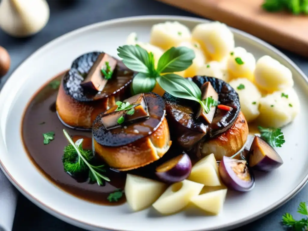 Deliciosa receta vegana de coq au vin francés, con seitan, champiñones y cebollitas perladas