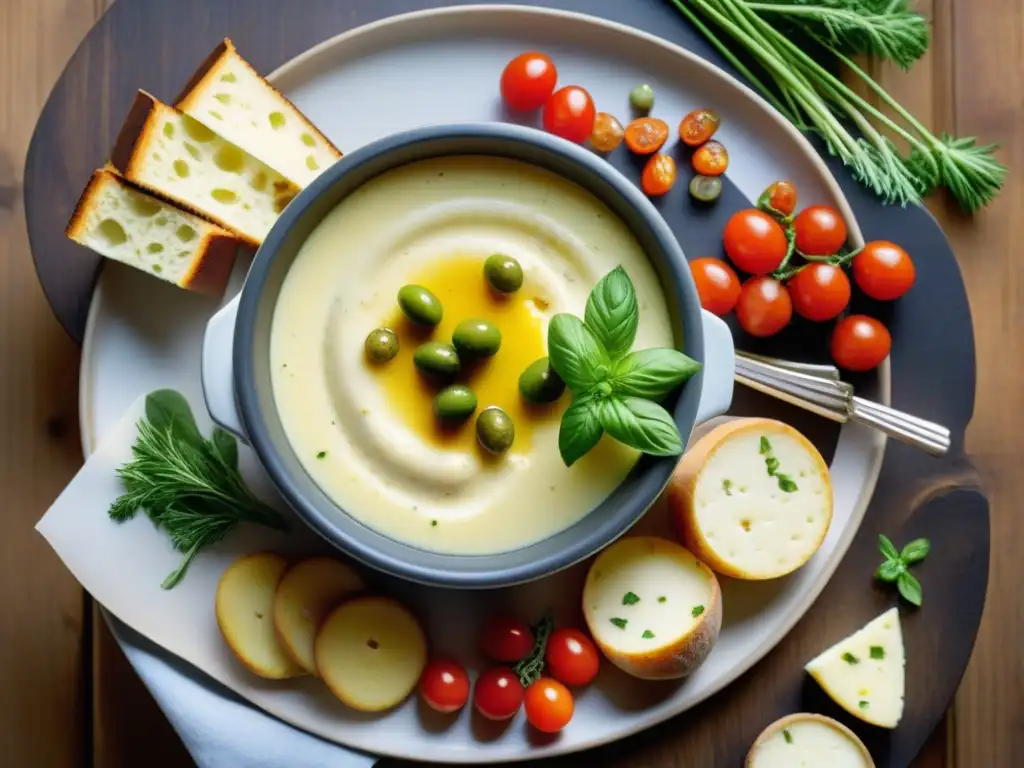 Deliciosa fondue savoyarda rodeada de ingredientes para mojar, evocando una noche acogedora en los Alpes