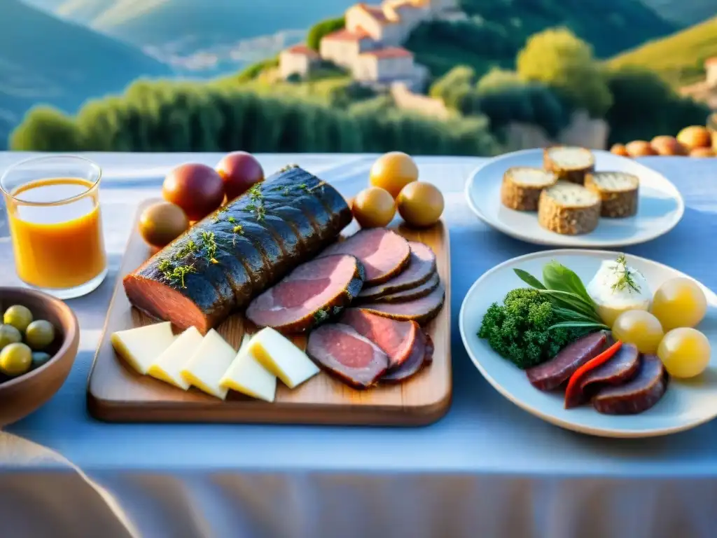 Delicias corsas: festín tradicional en la aldea Deliciosa gastronomía corsa con sabores únicos en mesa rústica frente a un pueblo pintoresco