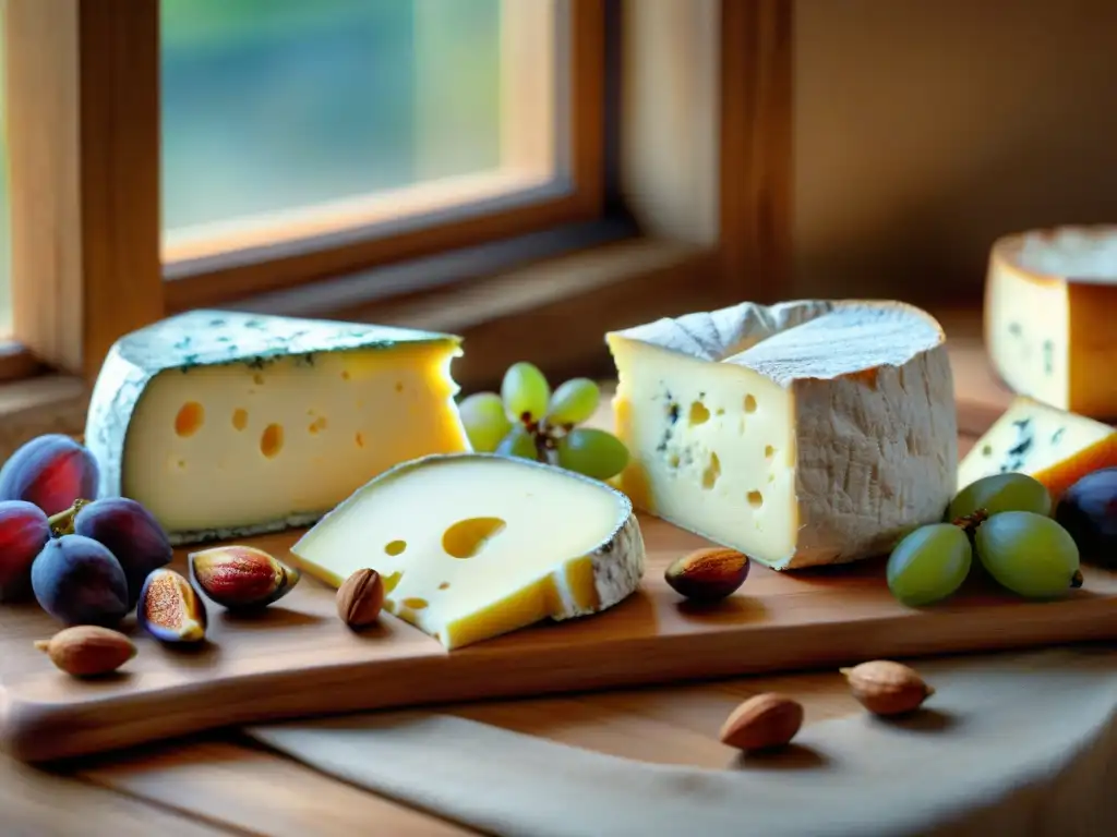 Una deliciosa selección de quesos artesanales de la región francesa Poitou-Charentes, con frutas frescas y nueces, iluminados por luz natural