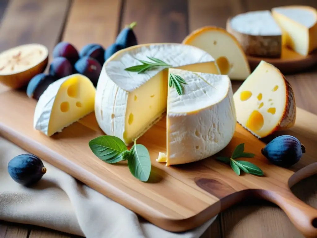 Una deliciosa selección de quesos Camembert artesanales en una tabla de madera, con acompañamientos locales