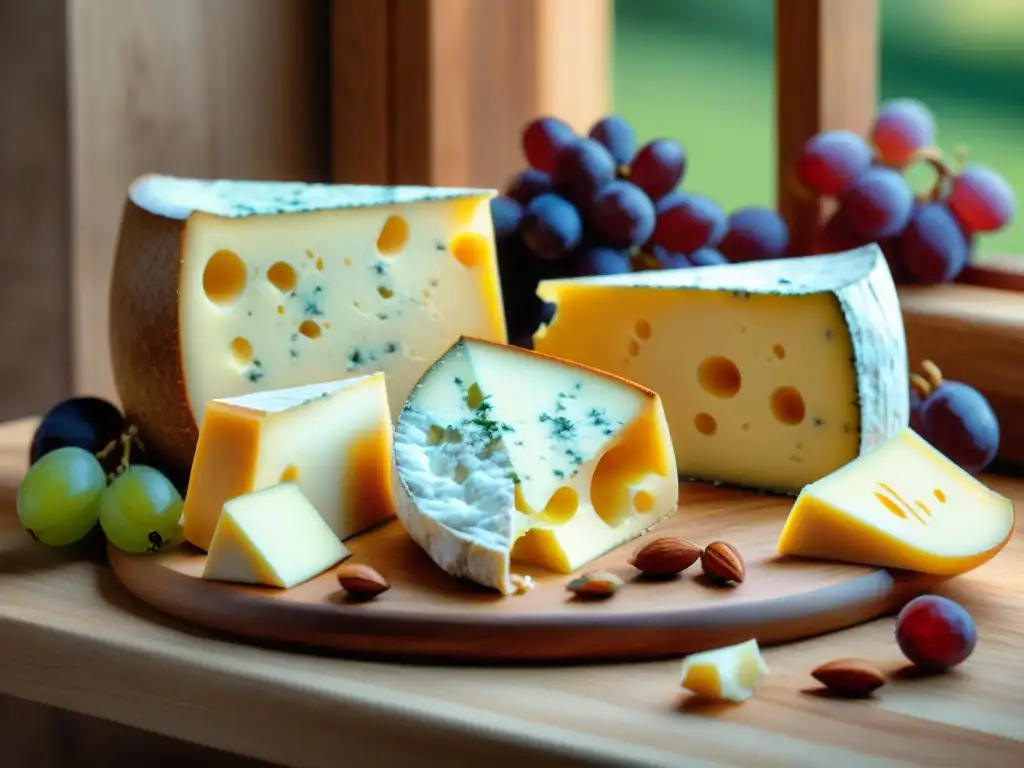 Una deliciosa selección de quesos franceses en una mesa rústica, con maridajes perfectos