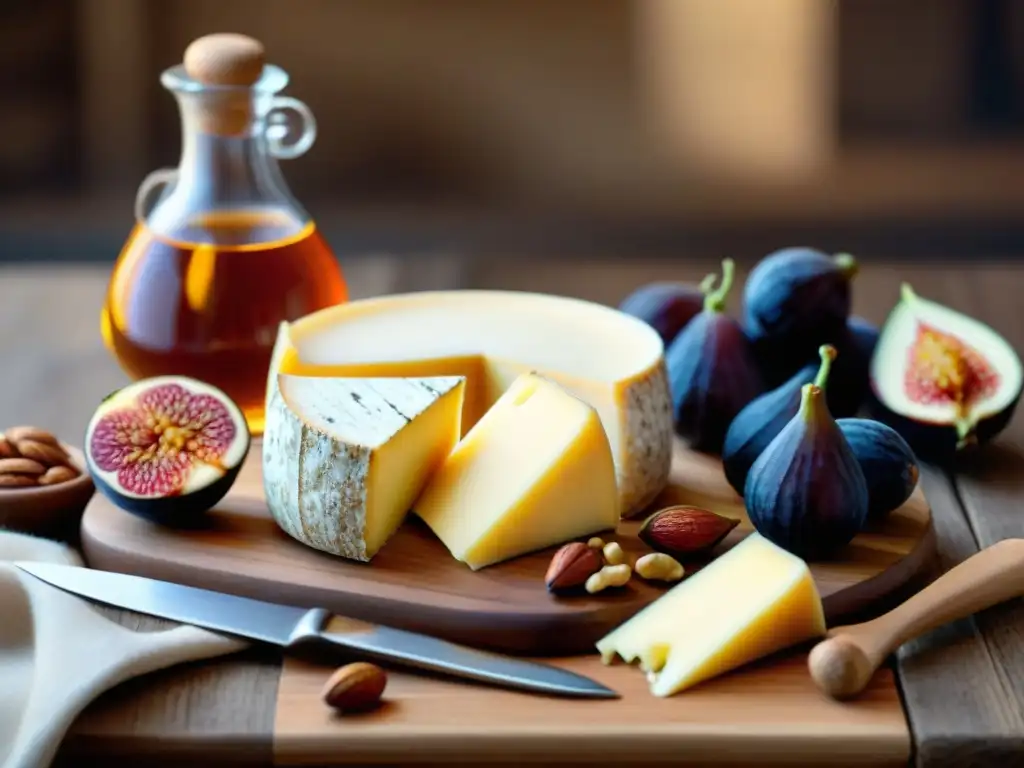 Una deliciosa tabla de queso Cantal con frutos secos y miel, mostrando el sabor robusto del queso Cantal