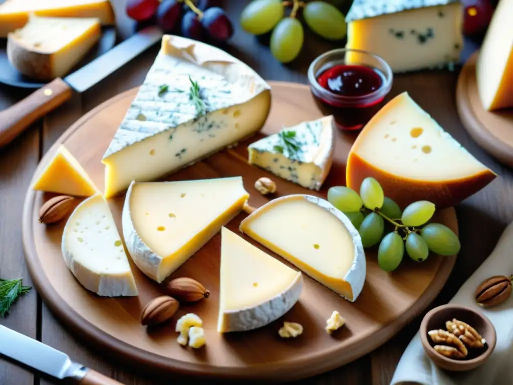 Deliciosa tabla de quesos franceses tradicionales y sabores en un entorno campestre encantador