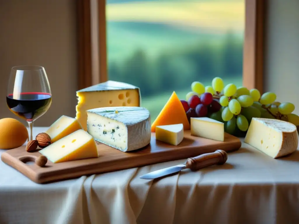 Una deliciosa tabla de quesos de Normandía y Bretaña con vino francés, frutas y pan, resaltando la gastronomía francesa