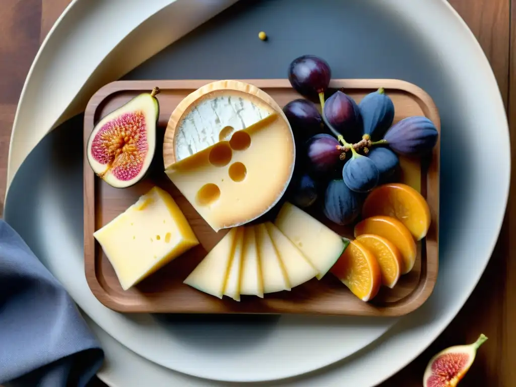 Una deliciosa tabla de queso Mont d'Or rodeada de frutas frescas y miel, en una escena gastronómica francesa