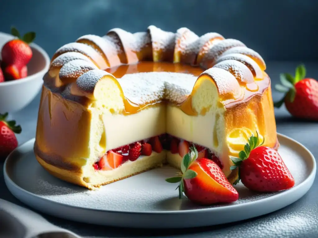 Deliciosa Tarta Tropézienne con capas doradas de brioche, relleno cremoso y fresas frescas