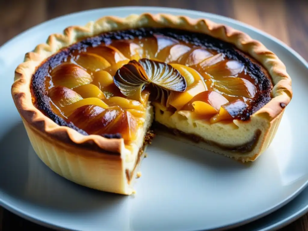 Deliciosa tarta de cebolla alsaciana recién horneada, con cebollas caramelizadas asomando por la masa hojaldrada