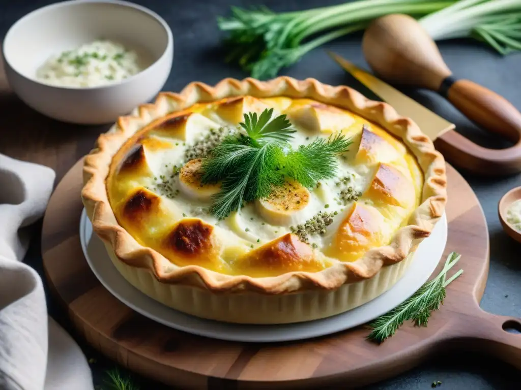 Deliciosa Tarta Flamiche de Puerros y Pescado con crujiente dorado, leche, eneldo y pimienta