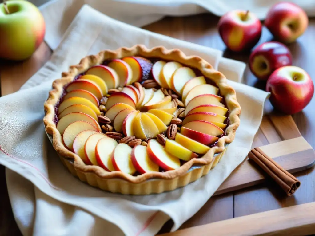 Deliciosa tarta de manzana normanda recién horneada en una mesa rústica, evocando postres tradicionales en Normandía y Bretaña