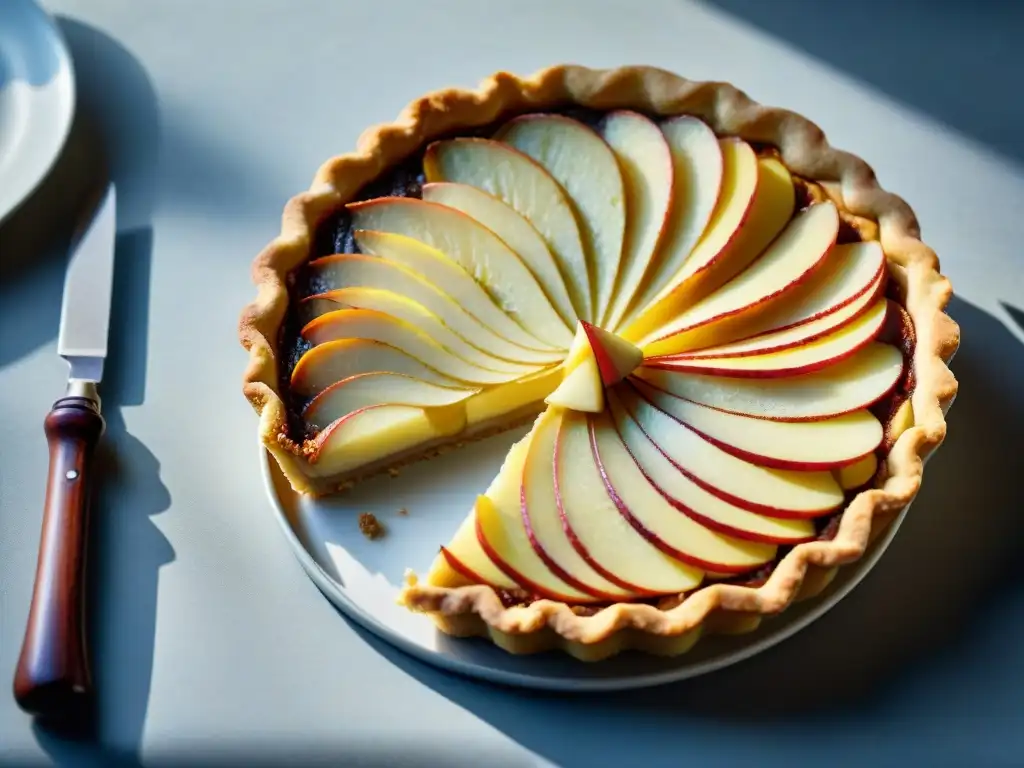 Una deliciosa Tarte Normande recién horneada con manzanas en capas, cubierta con calvados brillante