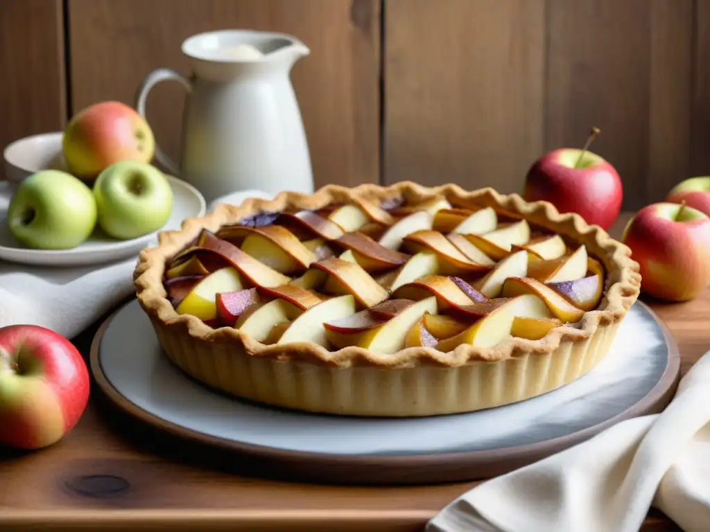 Una deliciosa Tarte Normande recién horneada, con manzanas brillantes y glaseado de caramelo, en una cocina rústica