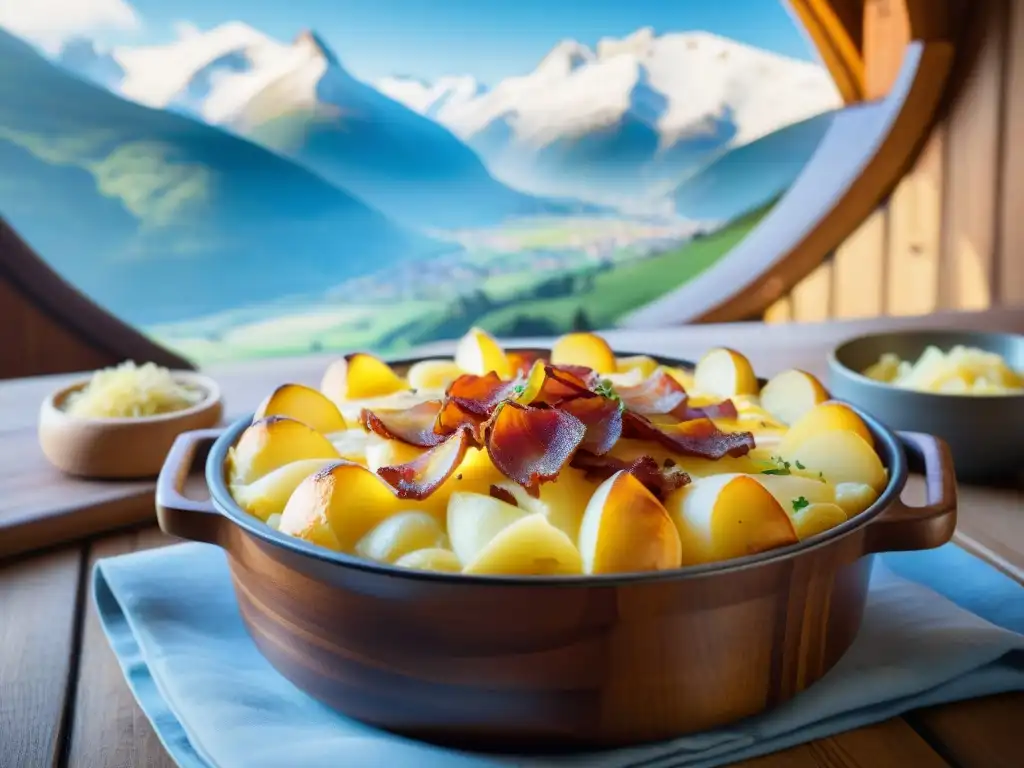 Deliciosa Tartiflette Alpina en plato de madera rústico con queso derretido y vistas a los Alpes franceses