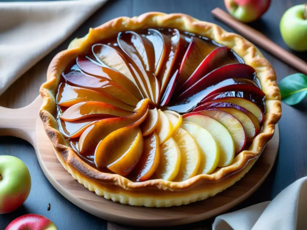 Una deliciosa Tarte Tatin dorada y caramelizada en un plato rústico de madera