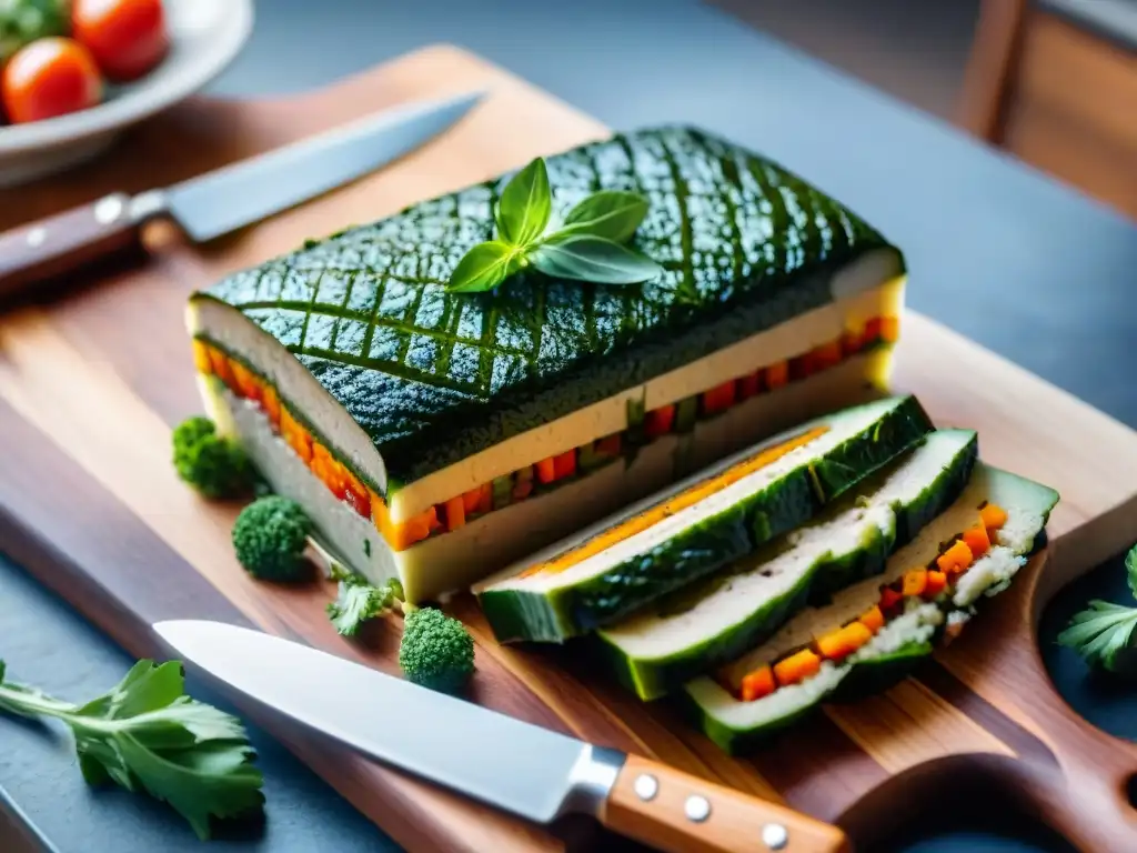 Deliciosa terrina francesa de verduras, carne y hierbas en tabla de madera rústica