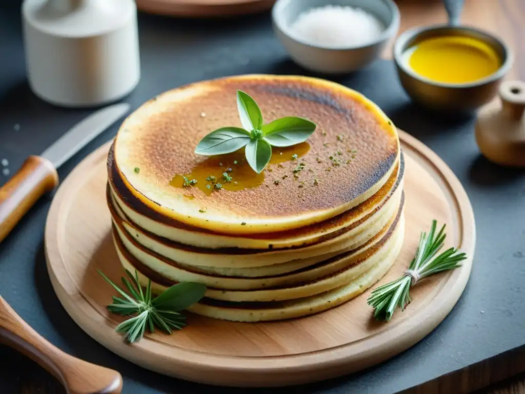 Deliciosas rodajas de panisse doradas con hierbas frescas y aceite de oliva en una tabla de cocina provenzal