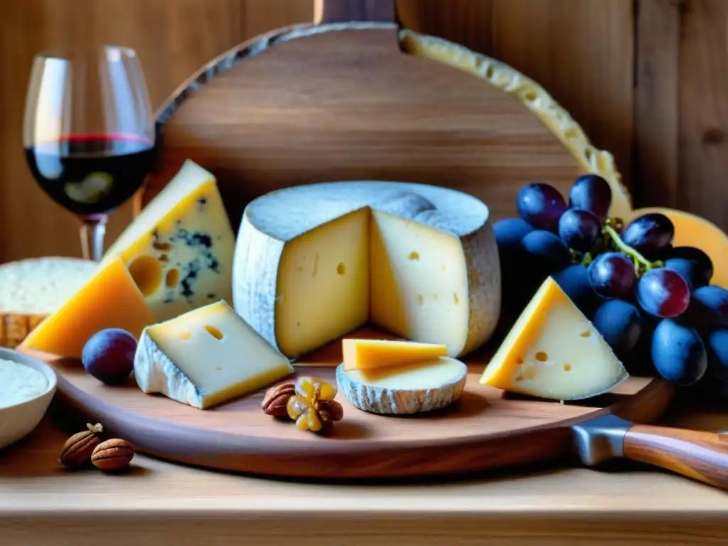 Delicioso banquete de quesos franceses en tabla rústica con vinos, nueces y uvas