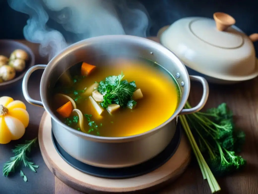 Delicioso caldo francés casero auténtico en una olla, con verduras y hierbas flotantes, evocando tradición culinaria