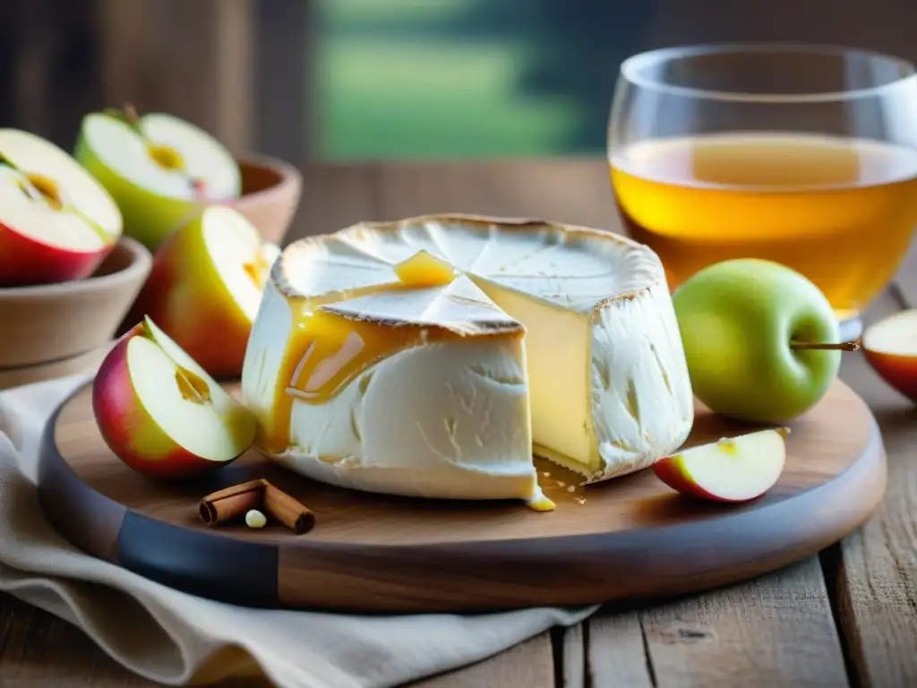 Delicioso Camembert maduro con Sidra de Manzana, manzanas frescas y miel, en maridajes atrevidos gastronomía francesa