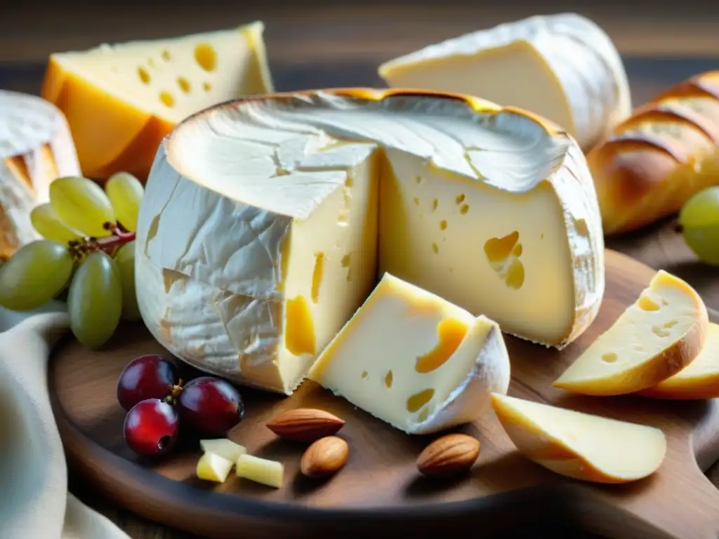 Delicioso Camembert de Normandía tradicional listo para saborear, rodeado de baguettes, uvas y nueces en una tabla de madera rústica