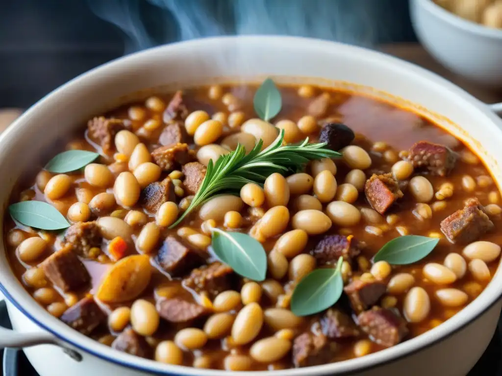 Un delicioso cassoulet tradicional francés burbujeante en la estufa, con frijoles blancos, pato confitado y salchichas de Toulouse