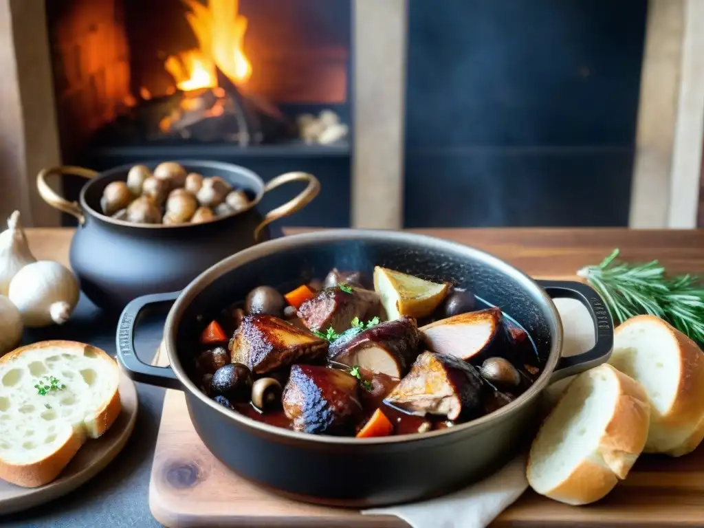 Un delicioso Coq au Vin francés cocinándose en olla de hierro sobre fuego, en cocina campestre con hierbas frescas y pan rústico - Técnicas de cocina francesa avanzadas