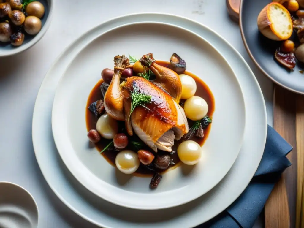 Delicioso Coq au Vin con presentación exquisita en plato blanco, reflejando la elegancia de la gastronomía francesa