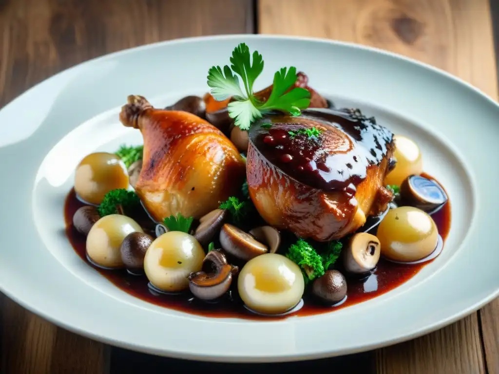 Un delicioso Coq au Vin con salsa de vino tinto, champiñones y cebollas perladas, presentado de forma elegante en plato blanco sobre mesa de madera